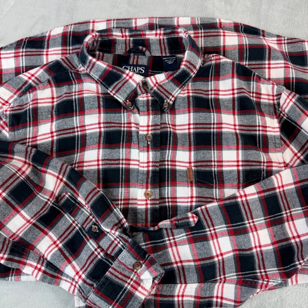 Chaps Performance Mens Button Down Shirt XXL Red Black White Plaid Flannel - Picture 10 of 13